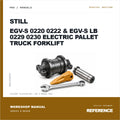 Illustrative cover for Still EGV-S 0220 0222 & EGV-S LB 0229 0230 Electric Pallet Truck Forklift Workshop Service & Repair Manual. Category artwork with workshop tool; not a manual page.